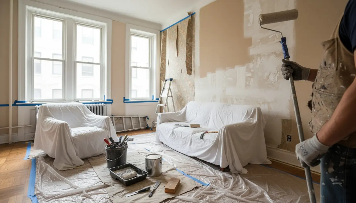 En maler forbereder en lejlighed med afrevet tapet, spartlede pletter og frisk maling, værktøj og afdækning i forgrunden.