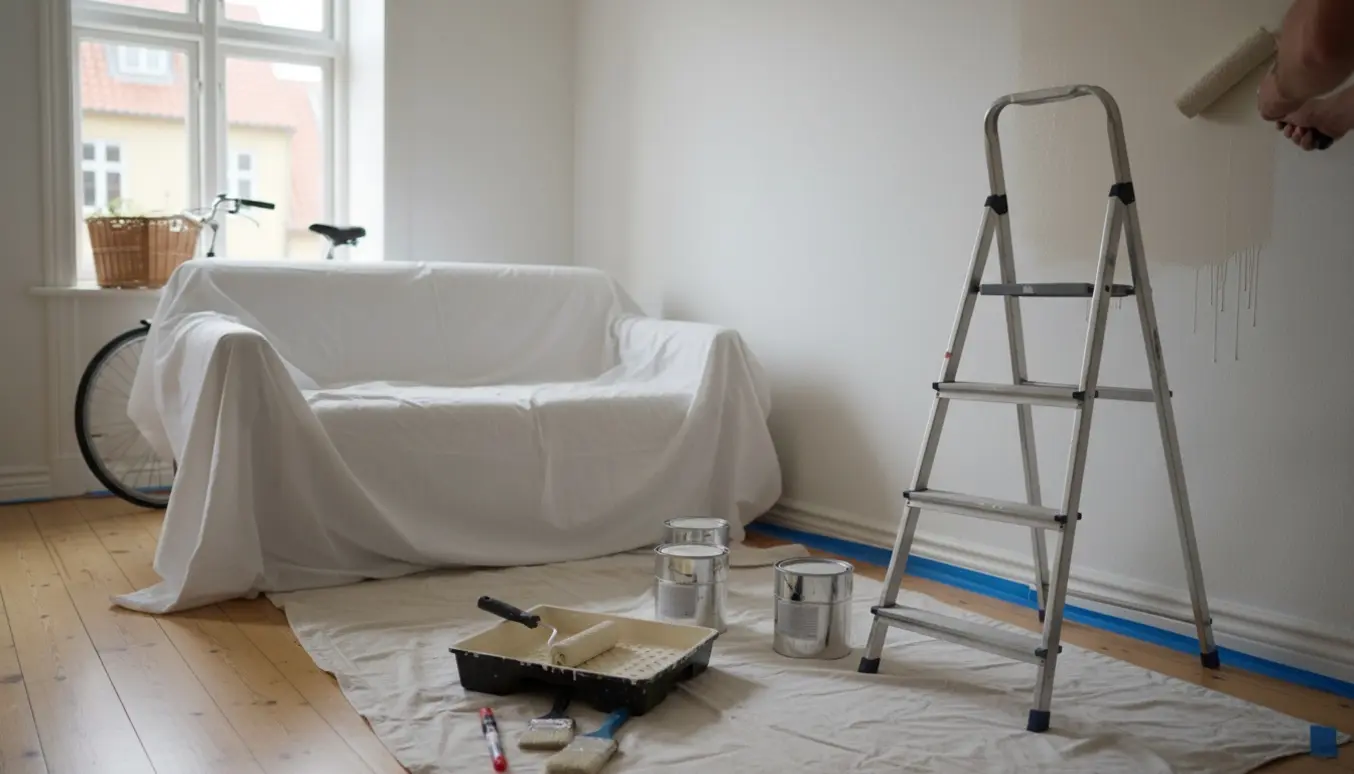 Et kompakt étværelses værelse i København under maling med rulle, malerbøtter og afdækningsplast i blødt dagslys.