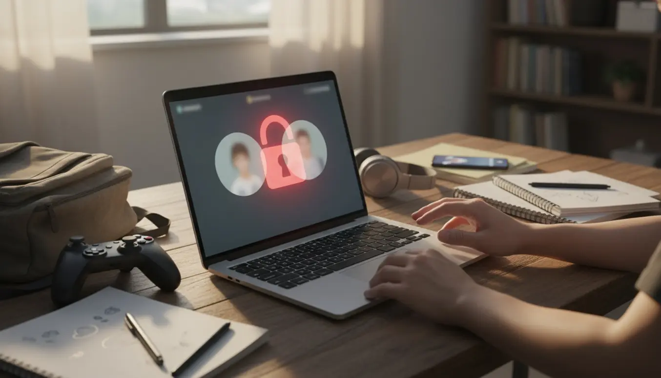En laptop viser brugerkonti med en lås på skærmen, mens hænder forsøger at logge ind omgivet af en teenage-rygsæk og skolebøger.