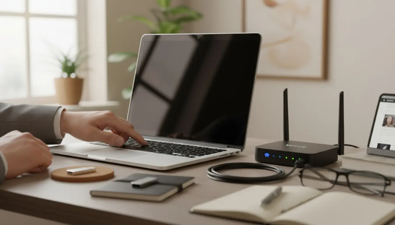 Bærbar computer med sort låst skærm på et skrivebord, hænder, router og en anden enhed i baggrunden.