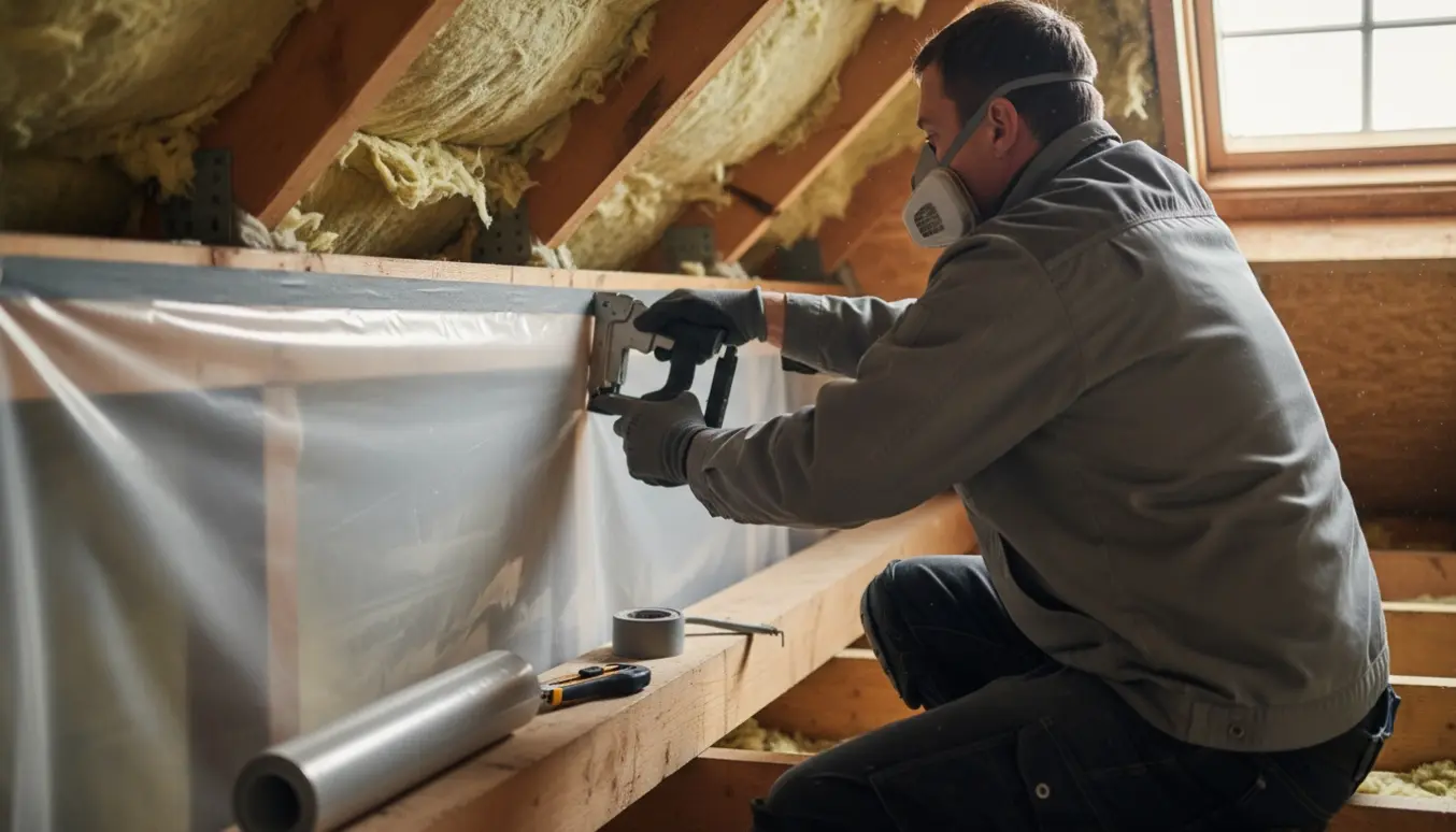 Håndværker set bagfra strækker og tapper en dampspærre i et loftrum med værktøj og dagslys.