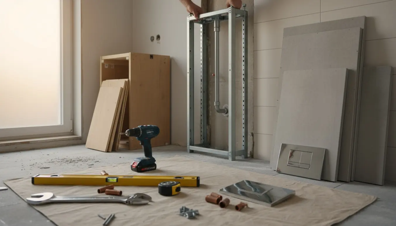 Håndværker monterer en 112 cm indbygningscisterne i et halvt færdigt badeværelse med værktøj og Fermacell-plader rundt om.