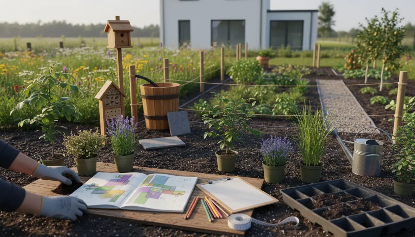 Havearkitekt skitserer en opdelt 90 m² have med planter, fuglevenlige og regnvandshåndterende elementer.