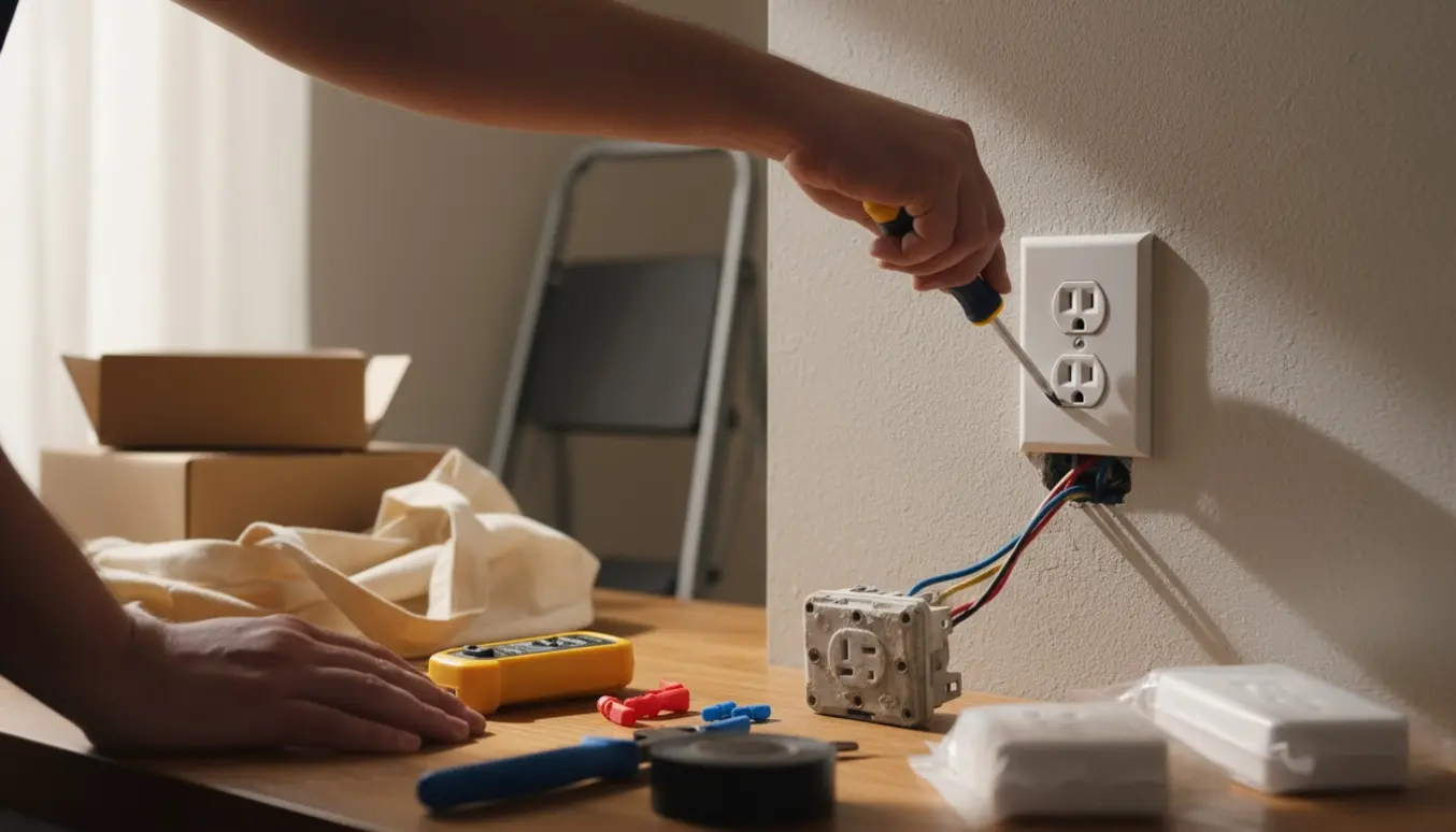 Nærbillede af hænder, der udskifter en gammel grå stikkontakt med en ny hvid på en væg.