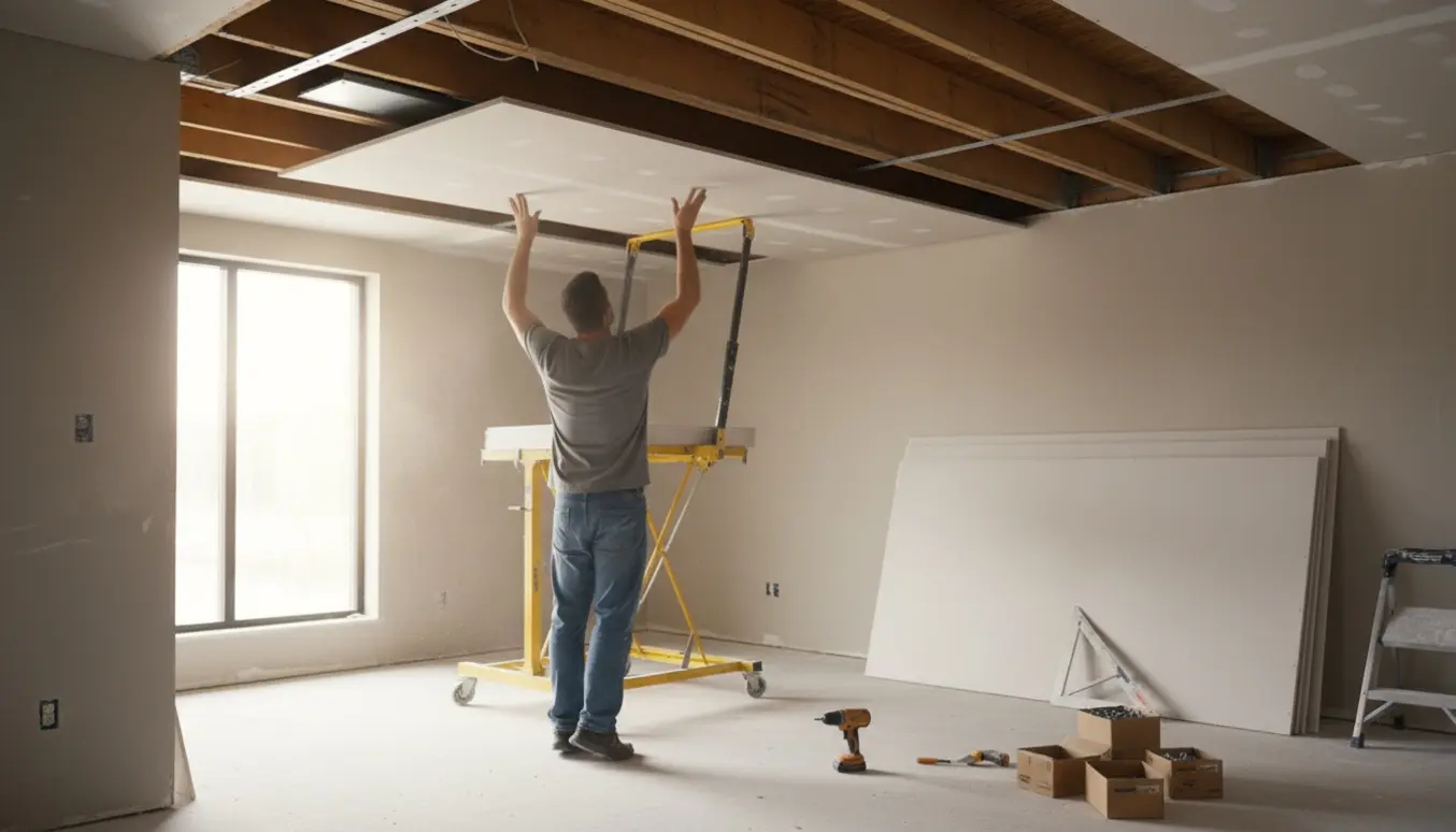 En håndværker monterer en tynd gipsplade i loftet i et rum under renovering.