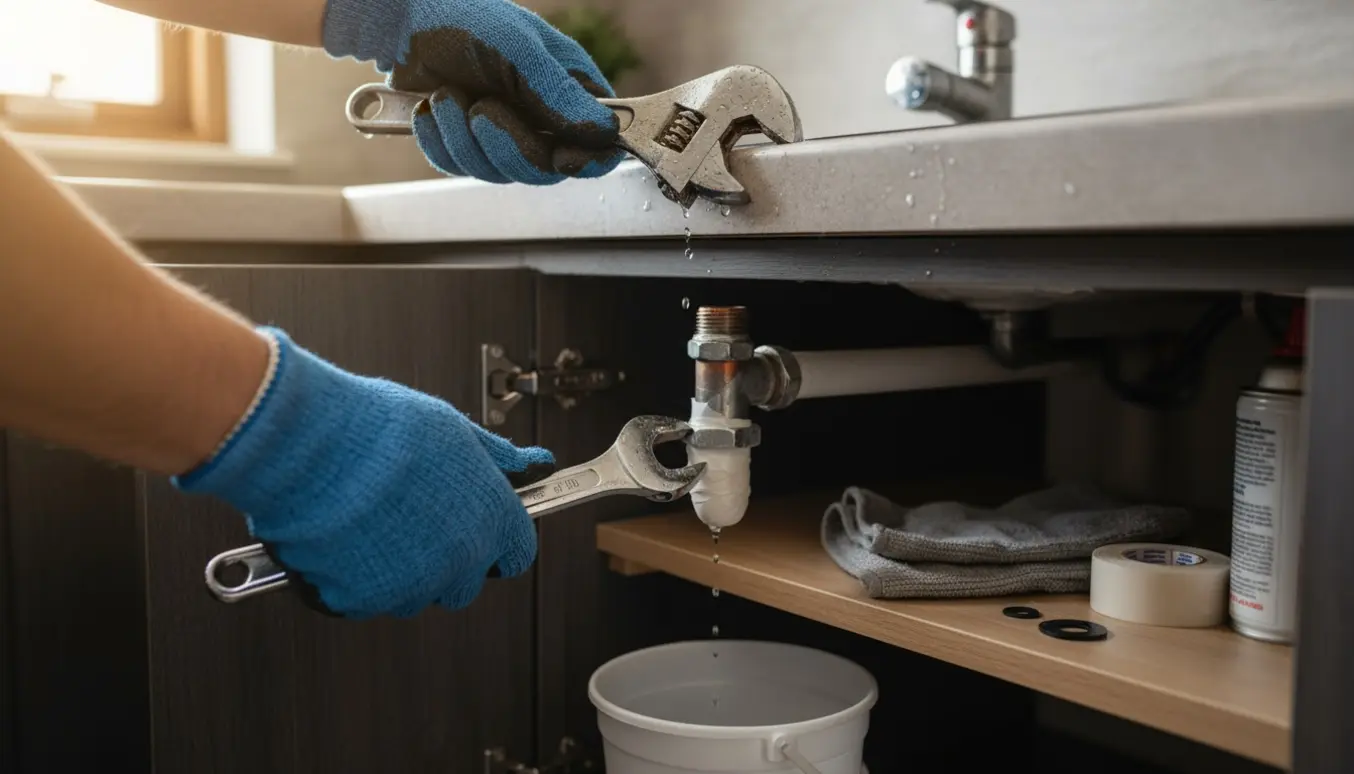 Nærbillede af hænder der reparerer et fast vandhåndtag og strammer en tidligere utæt rørforbindelse under vasken.