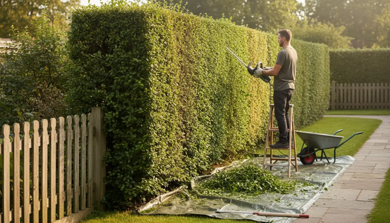 En gartner trimmer en lang hæk fra siden og toppen på en solrig forhave, med afklip samlet i en trillebør.