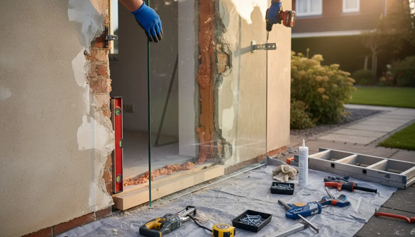 En glasdør monteres i et tidligere vindueåbning med håndværktøj og materialer omkring.