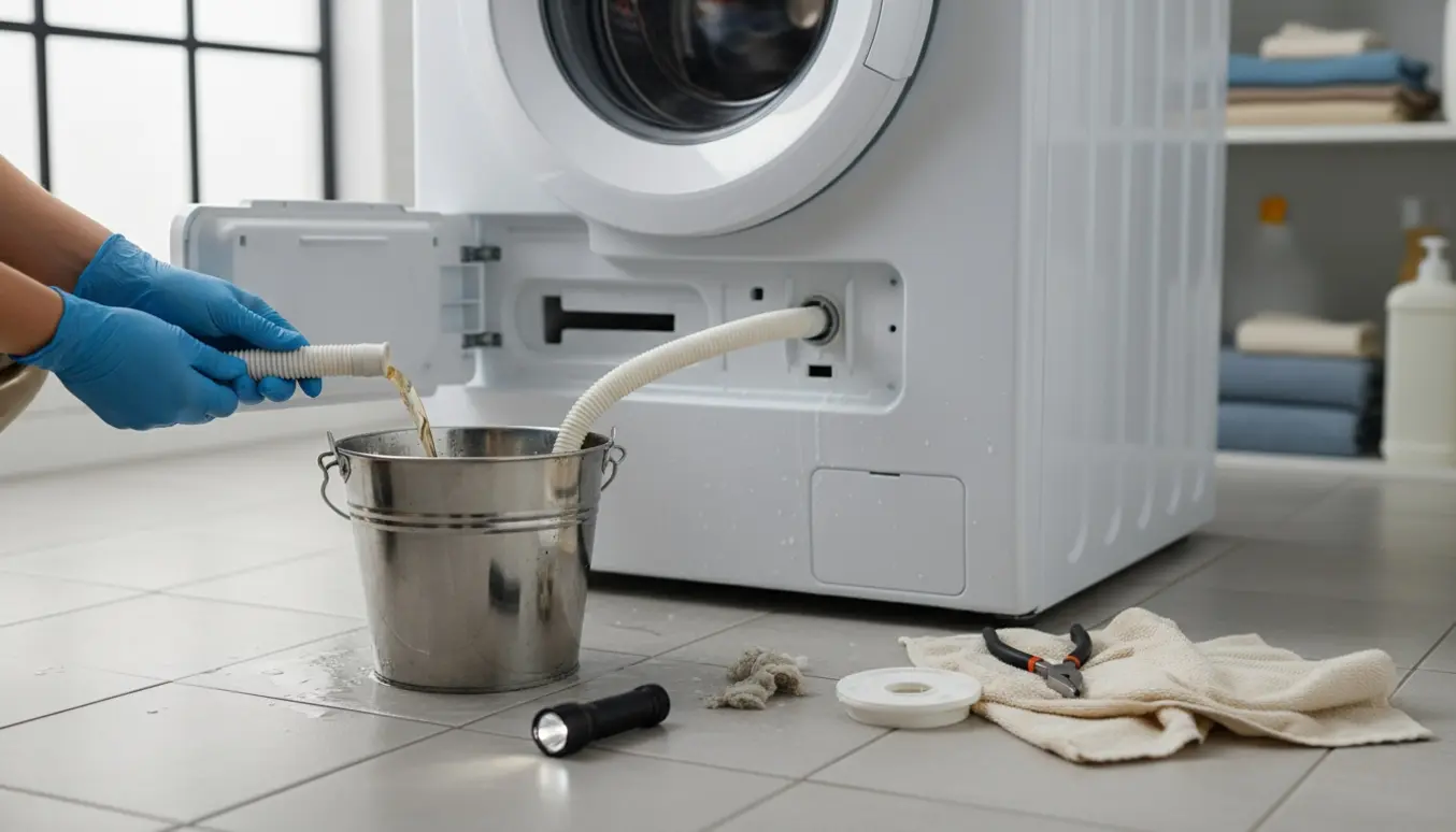 Nærbillede af hænder i gummihandsker, der holder afløbsslangen og afløbsfilteret over en spand i et lyst bryggers.