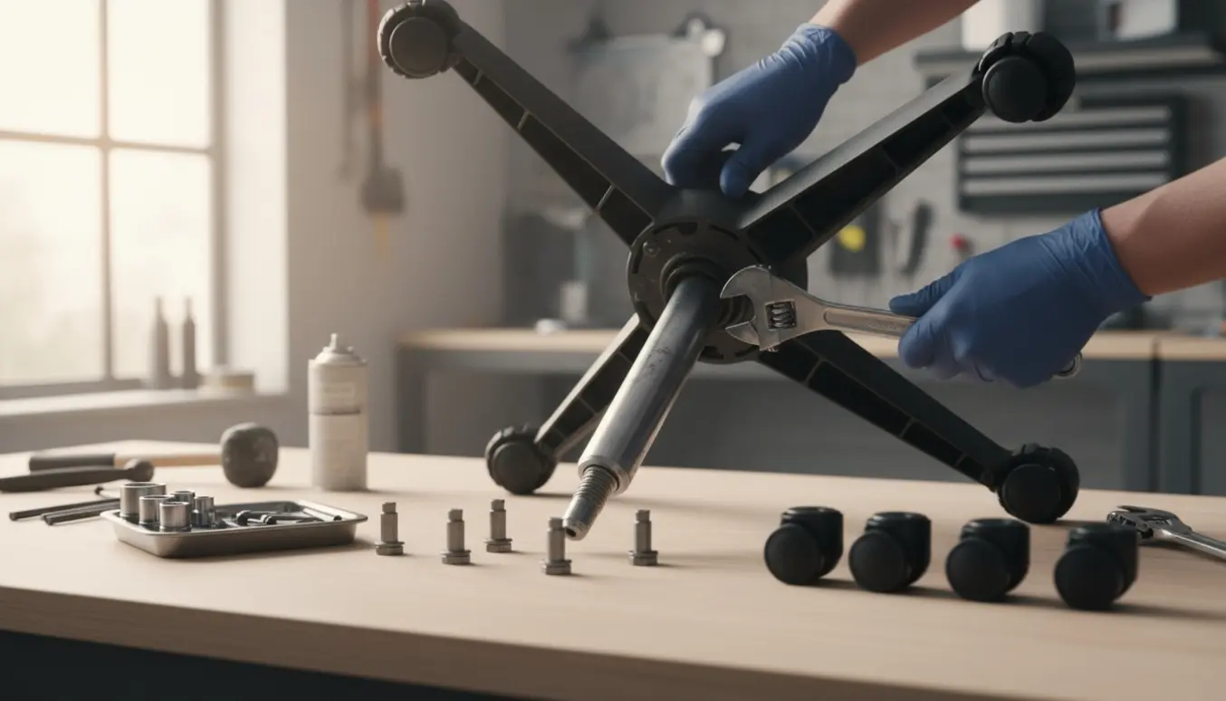 Nedadvendt kontorstol på et værkstedsbord med nye hjul og hæve‑sænke mekanisme under reparation, teknikerens hænder er i fokus.