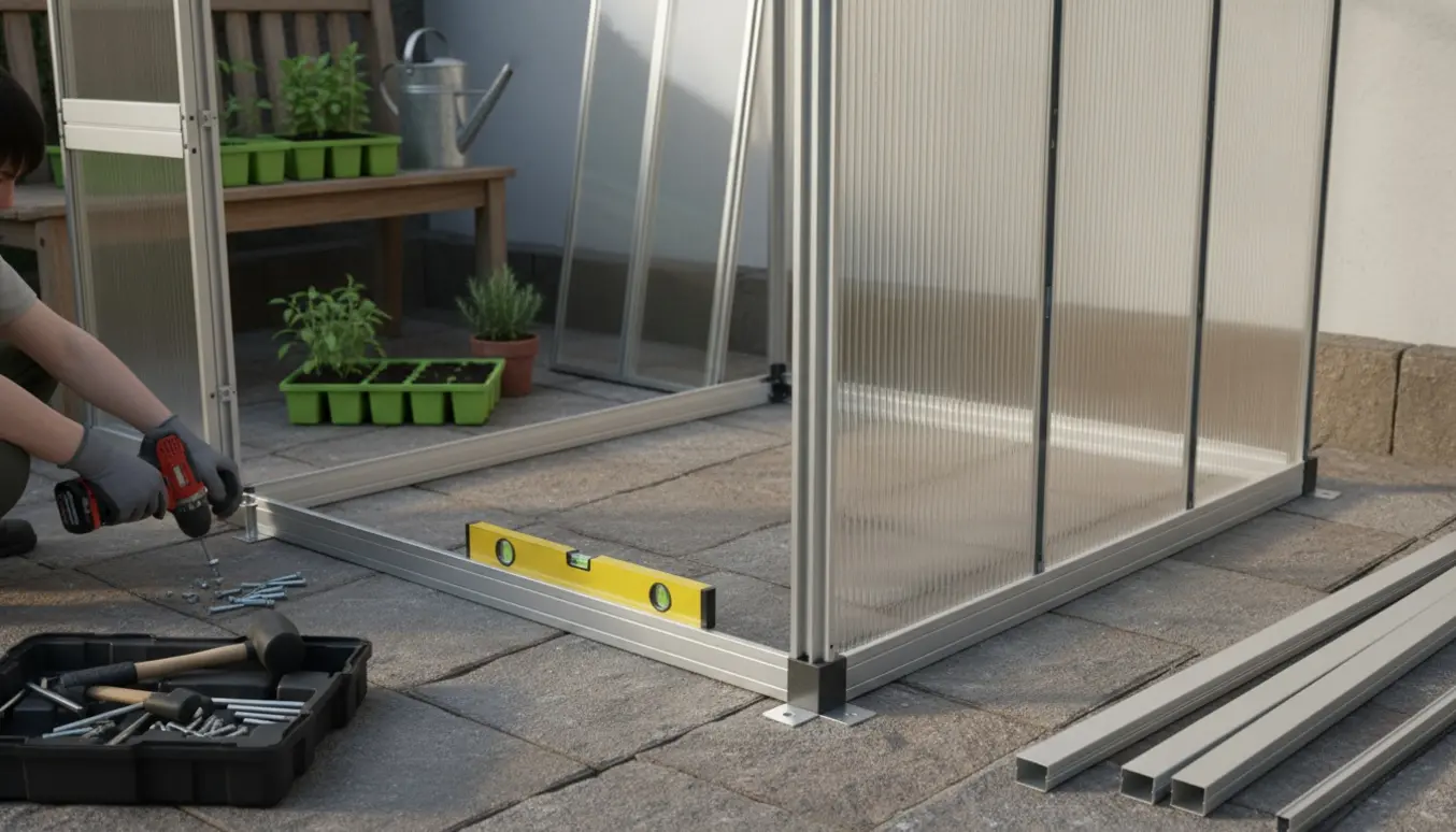 Montage af et lille drivhus på en fliseterrasse, hvor sokkel og ramme fastgøres med værktøj.