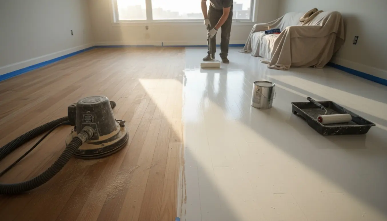 Plankegulv midt i slibning og lakering med hvid matlak, værktøj og sollys i en lejlighed.