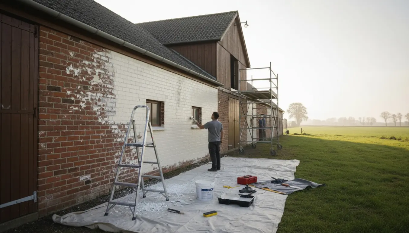 Renser og maler en lang ladebygning med stige og rulle, uden synlige ansigter.