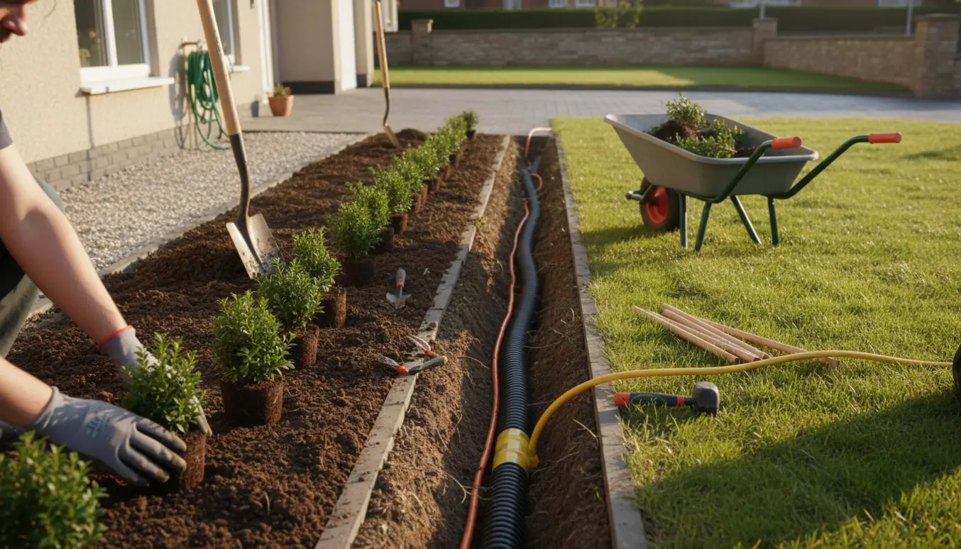 Forhave hvor hæk plantes, og et elbilsladekabel lægges ned i en beskyttet grøft.