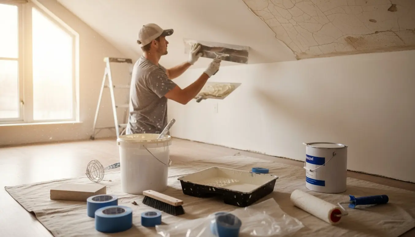 Hånd, der spartler revner i et loft klar til hvid maling.