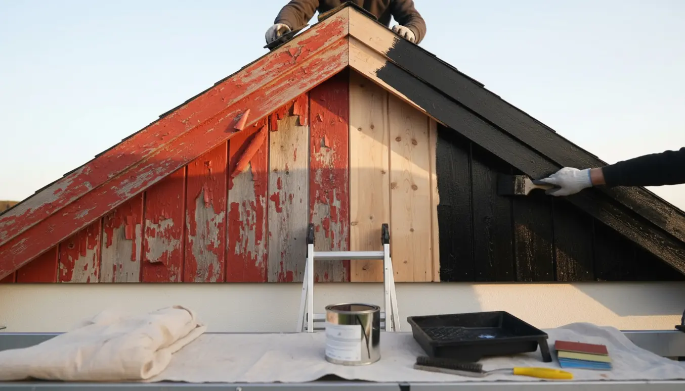 Gavlbrædder renses og males sorte med stige og malerværktøj ved huset.
