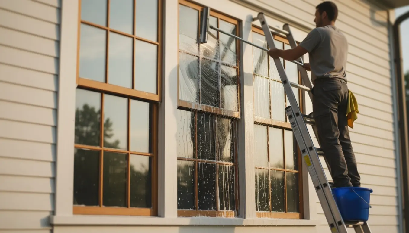 Udenoms vinduespudsning af et hus med sprossede vinduer, person på stige bruger vinduesskraber og sæbeskum.