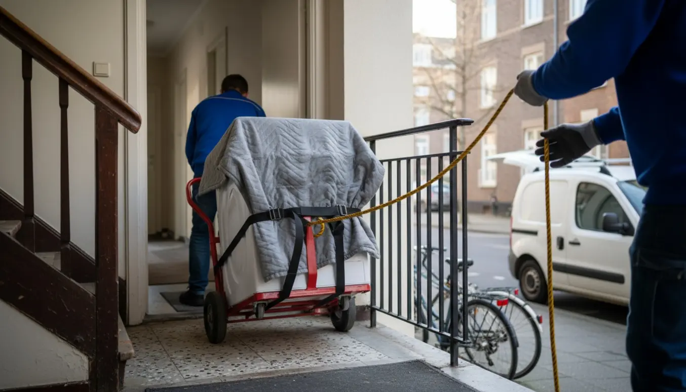 Vaskemaskine sænkes fra førstesalen til fortovet med flytteudstyr, ansigter skjulte.