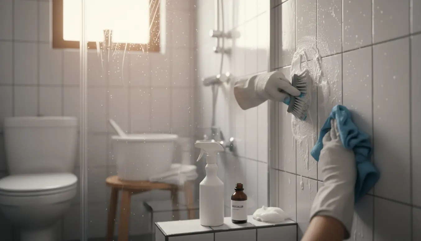 Nærbillede af rengøring i et lille badeværelse med handsker, børste og afkalker, hvor kalk og snavs fjernes fra fliserne.