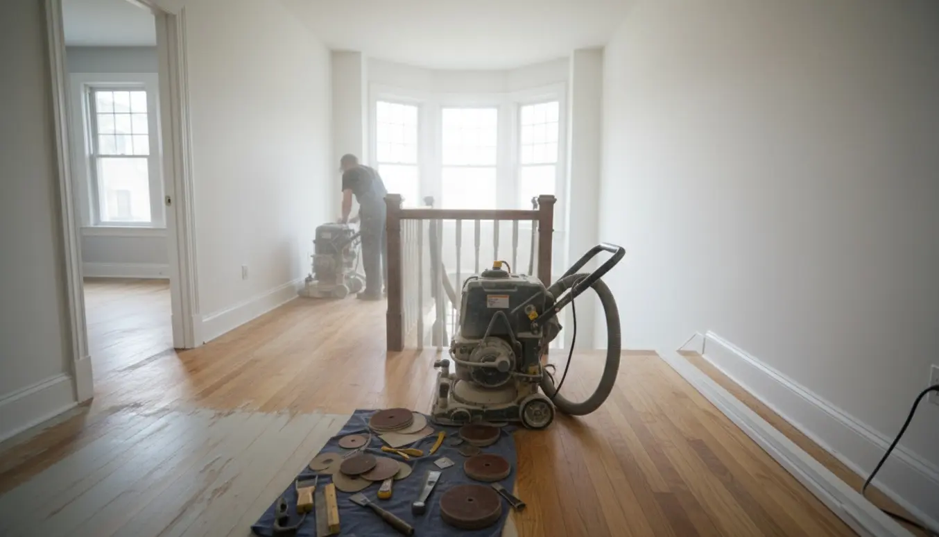 Gulvsliber i arbejde på anden sal med delvist slebne trægulve i rækkehus.