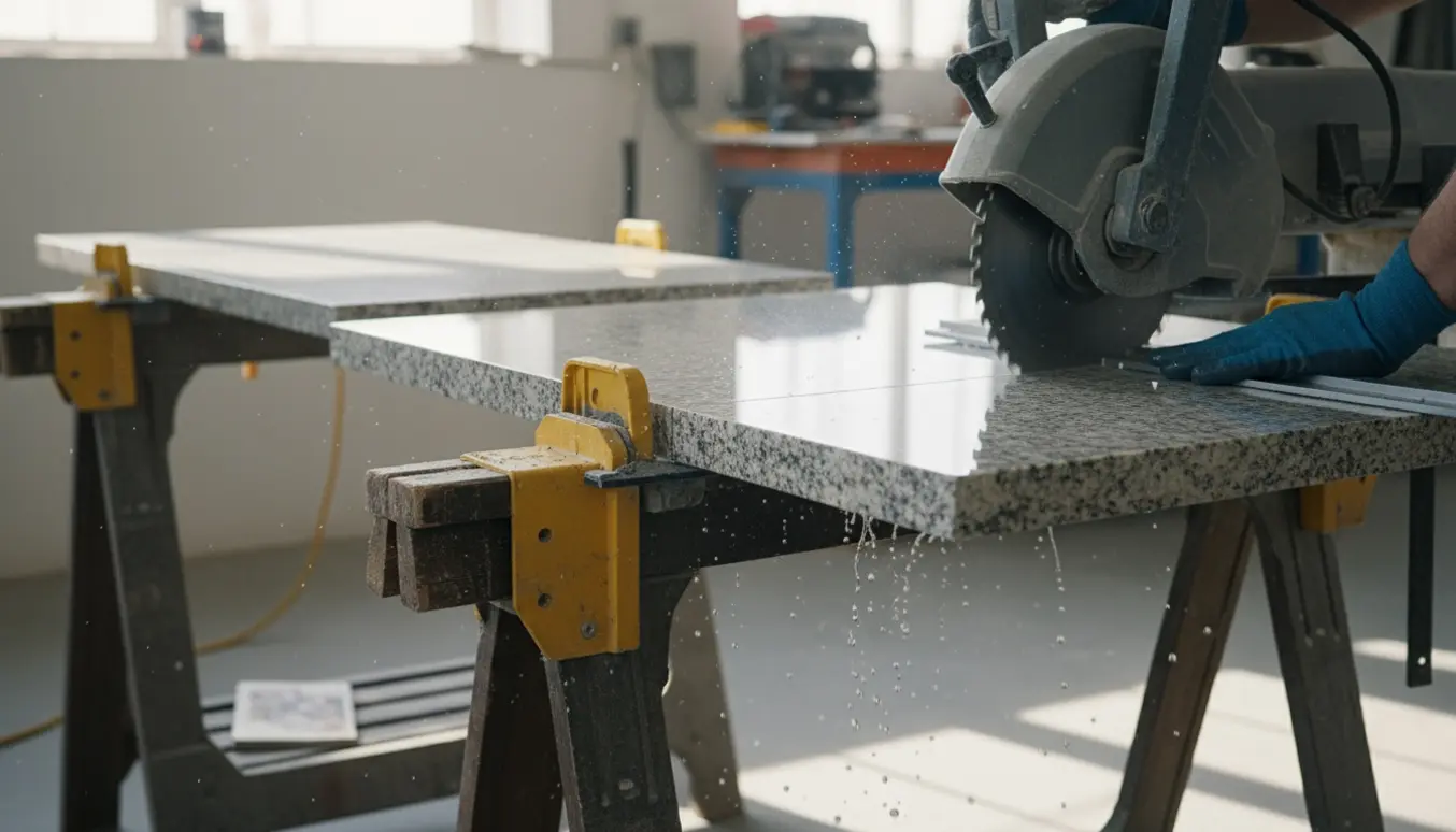 Hænder holder to granitbordplader, mens en våd diamantklinge afkorter kanten.