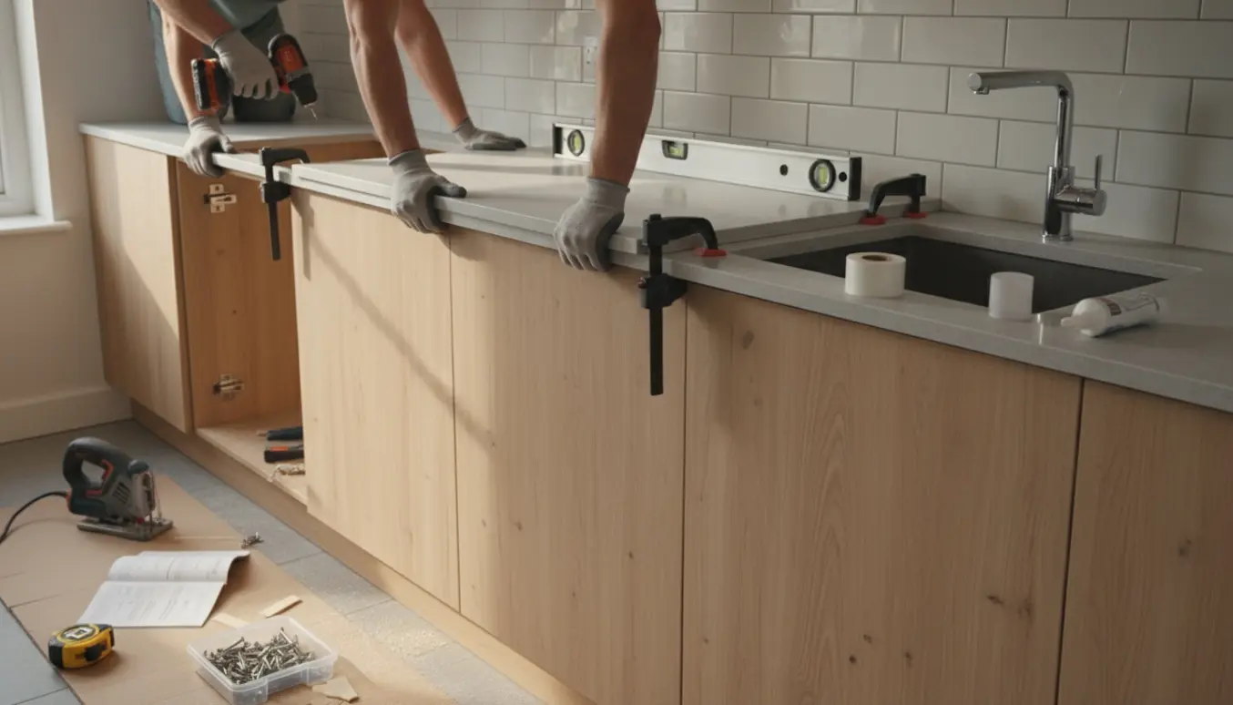 Montering af nye køkkenelementer og en bordplade langs en køkkenvæg, med værktøj og hænder i arbejde.
