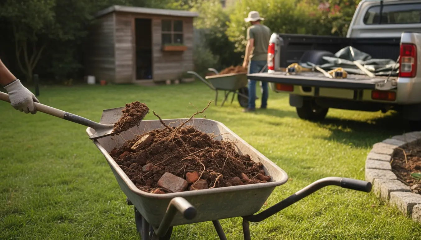 En arbejdsscene med skovl, trillebør og jordbunke klar til transport til en varevogn.
