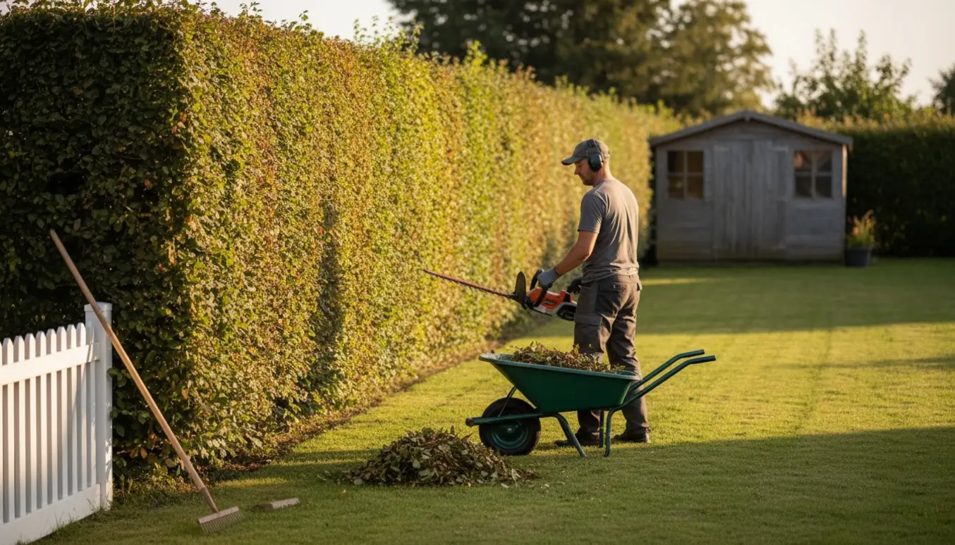Lang bøgehæk på omkring 30 meter i en have, hvor en person klipper den øverste kant med en hækkeklipper og samler afklip i en trillebør.