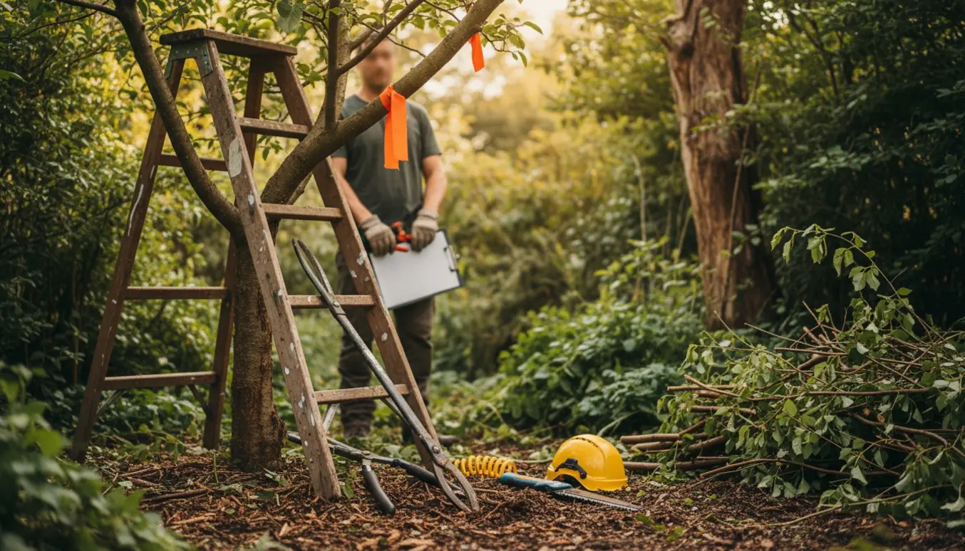Arborist inspicerer en rodet have med beskæringsværktøj, stige og bunke afskårne grene klar til arbejde.