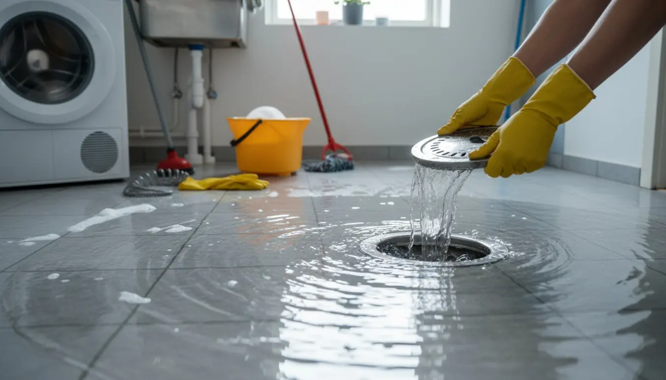 Oversvømmet bryggers med vand omkring et overfyldt gulvafløb og rengøringsredskaber i fokus.