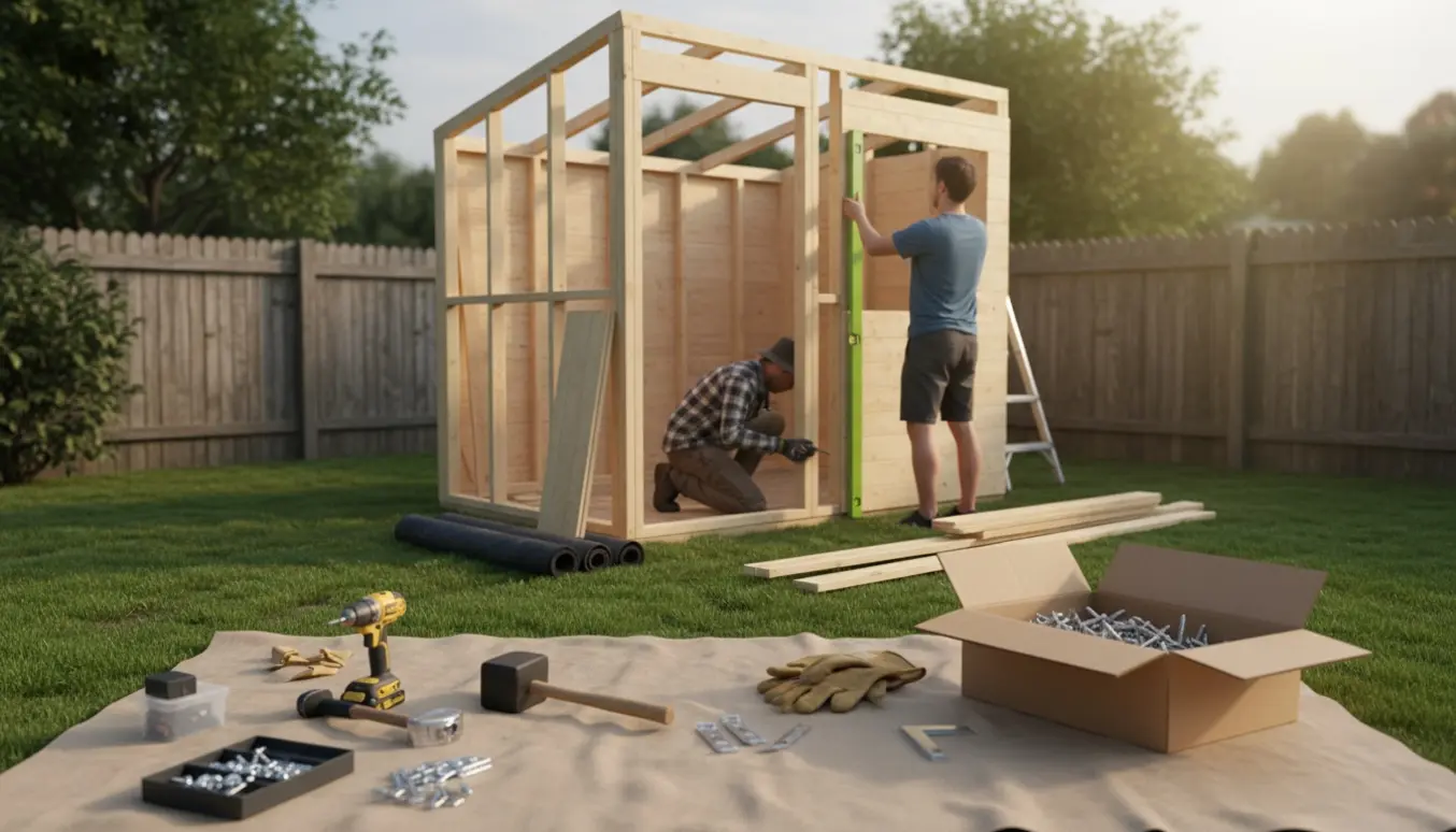 Delvist opsat træredskabsskur i en have med værktøj og håndværkere, der monterer paneler.