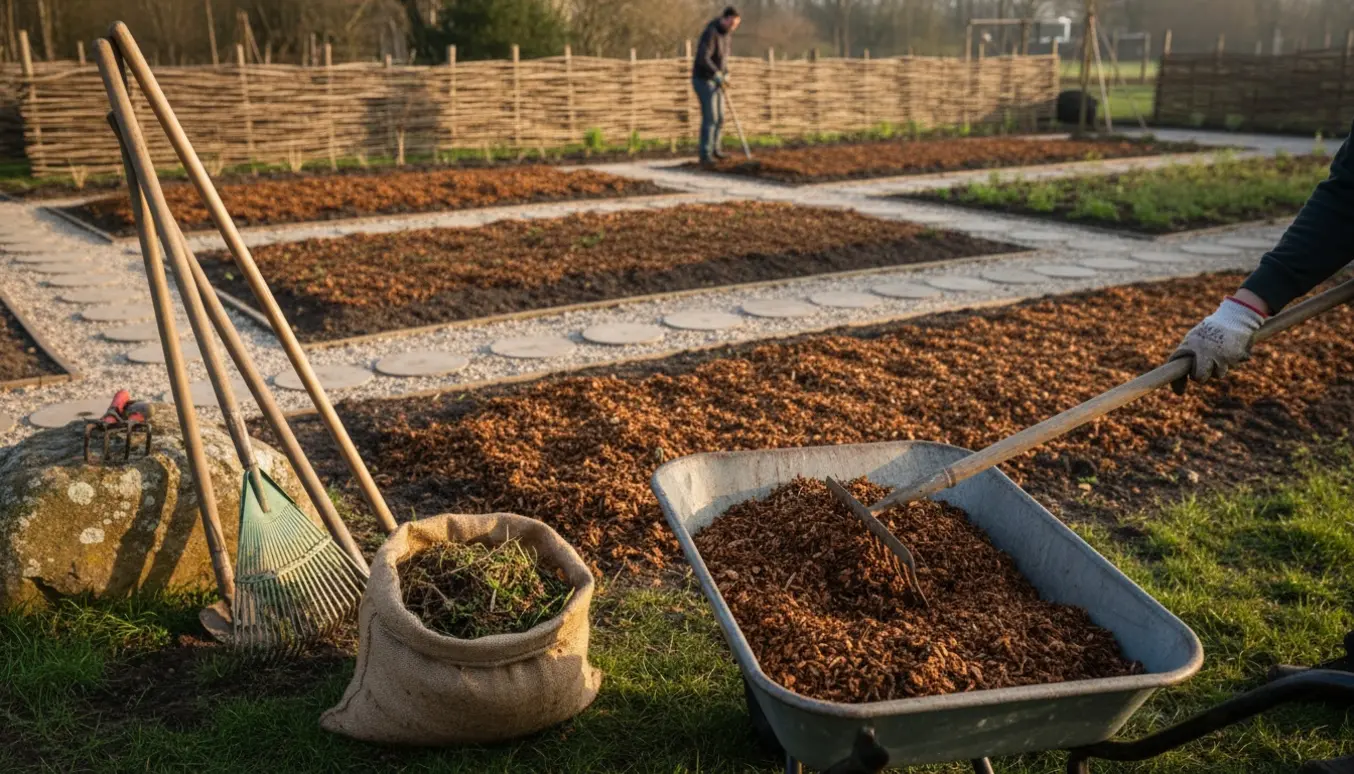 Trillebør og haveredskaber, mens haveflis lægges langs et flettet hegn og i bede.