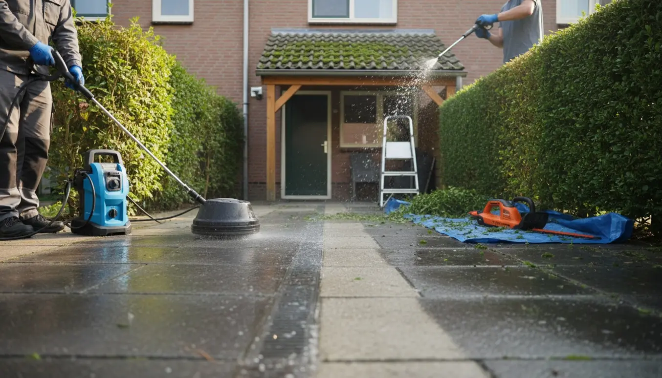 Forhave ved rækkehus med rene fliser, højtryksrenser i brug og en nys trimmet hæk.