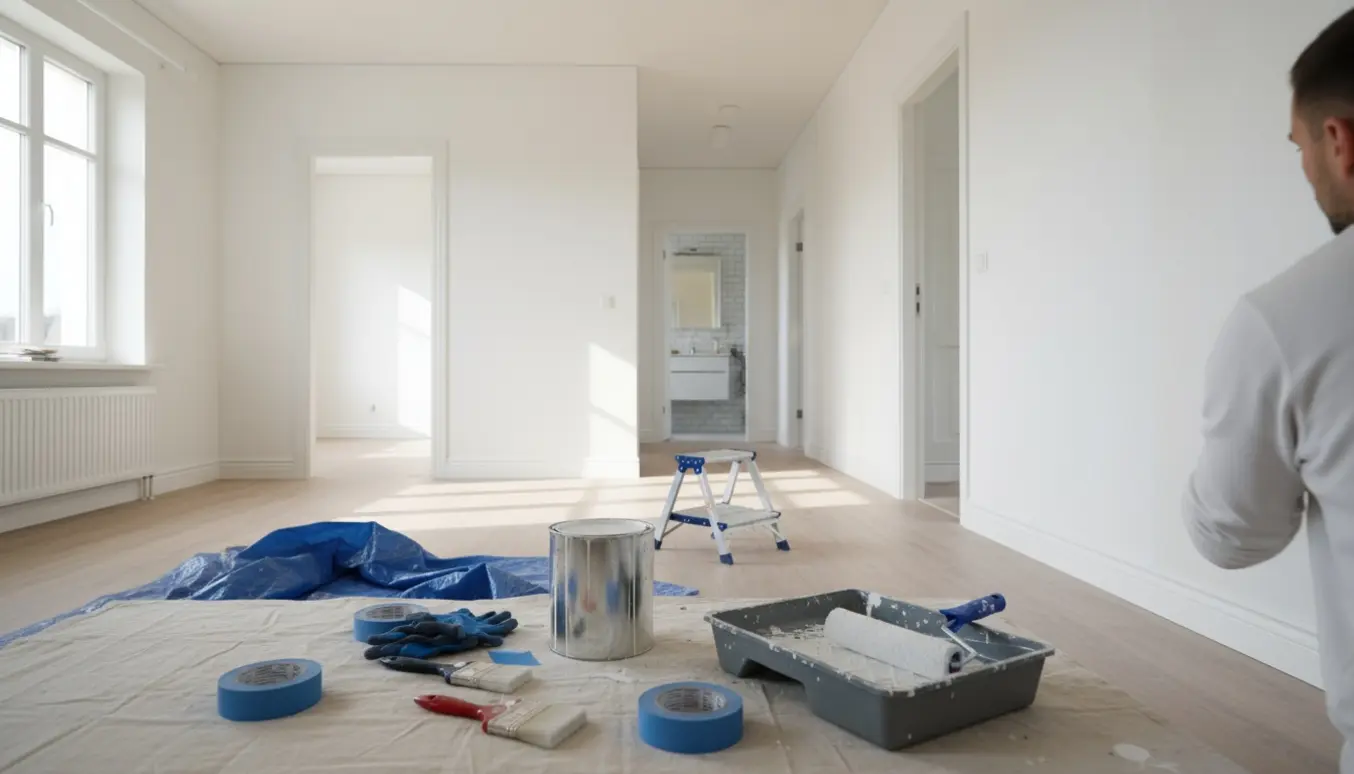 Lys lejlighed under malerarbejde med nymalede hvide vægge og malerredskaber på afdækning.