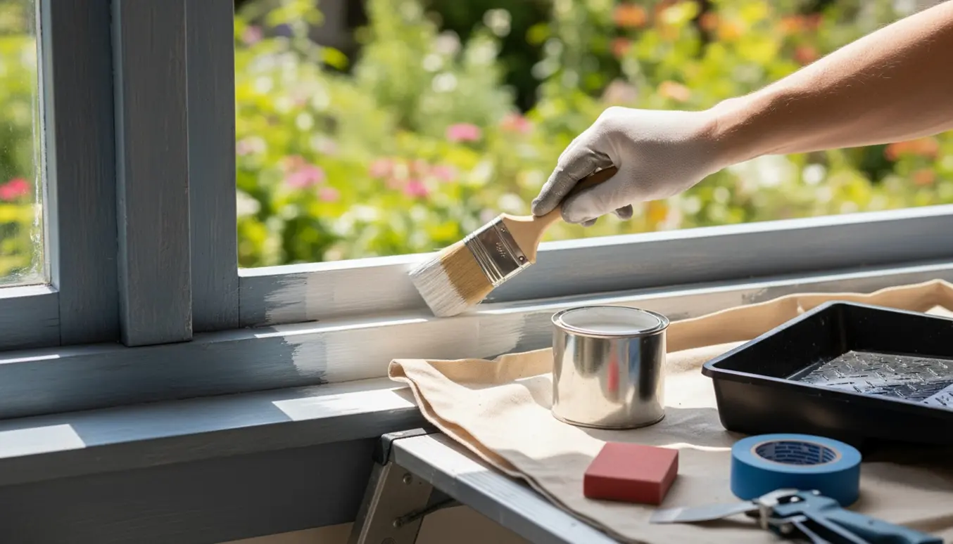Nærbillede af hænder, der maler udvendigt træværk ved et vindue med pensel, malerbøtte og afdækning i naturligt dagslys.