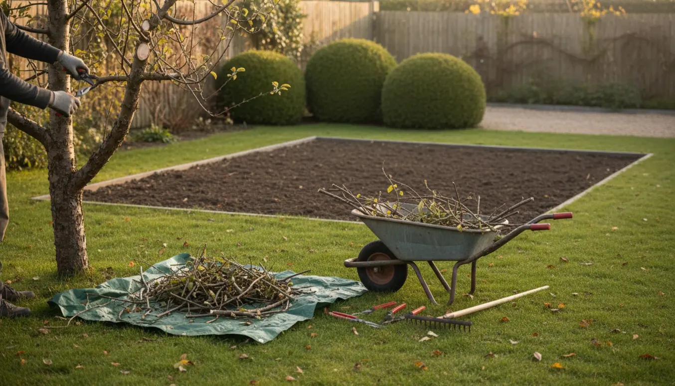 Beskåret æbletræ og et ryddet blomsterbed på cirka 15–20 m² med redskaber og bunker af grene.