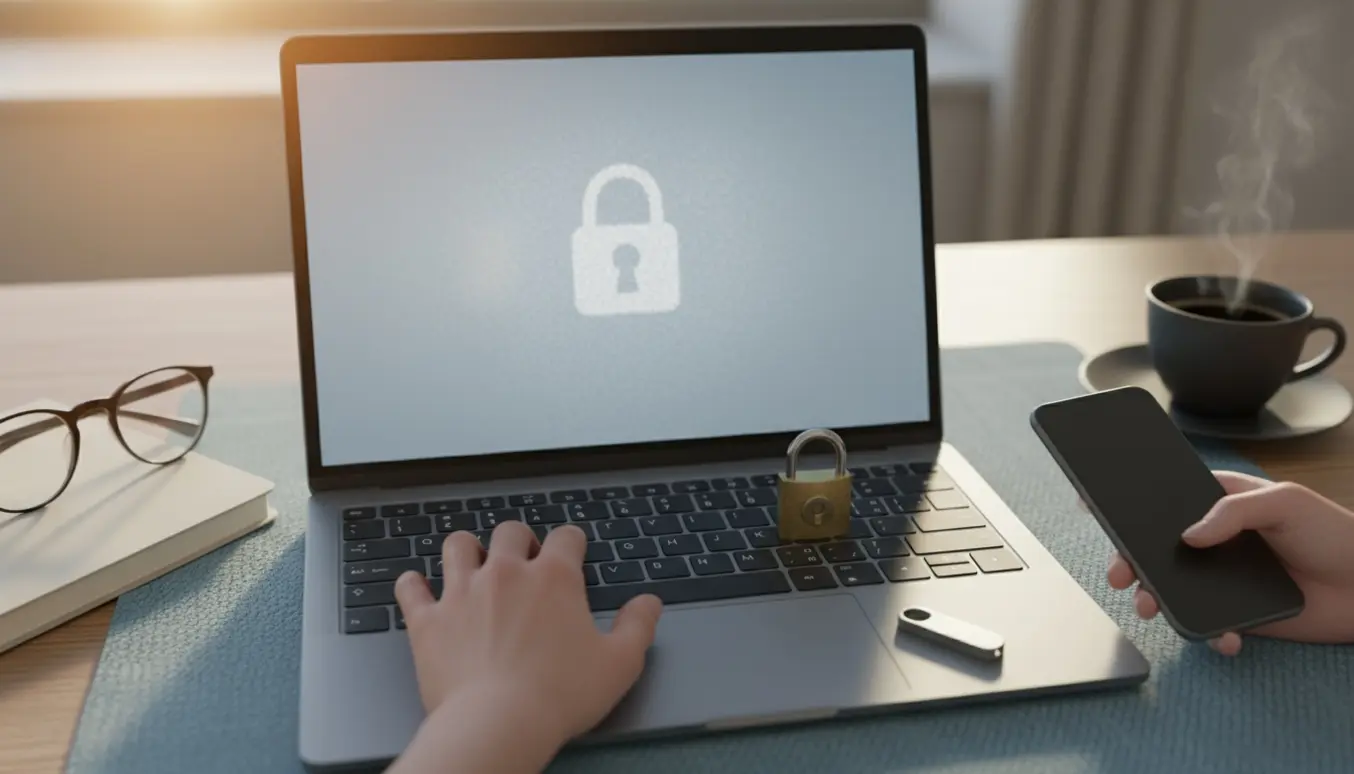 En låst bærbar computer på et skrivebord med et lille hængelåsobjekt på tastaturet og hænder ved siden af.