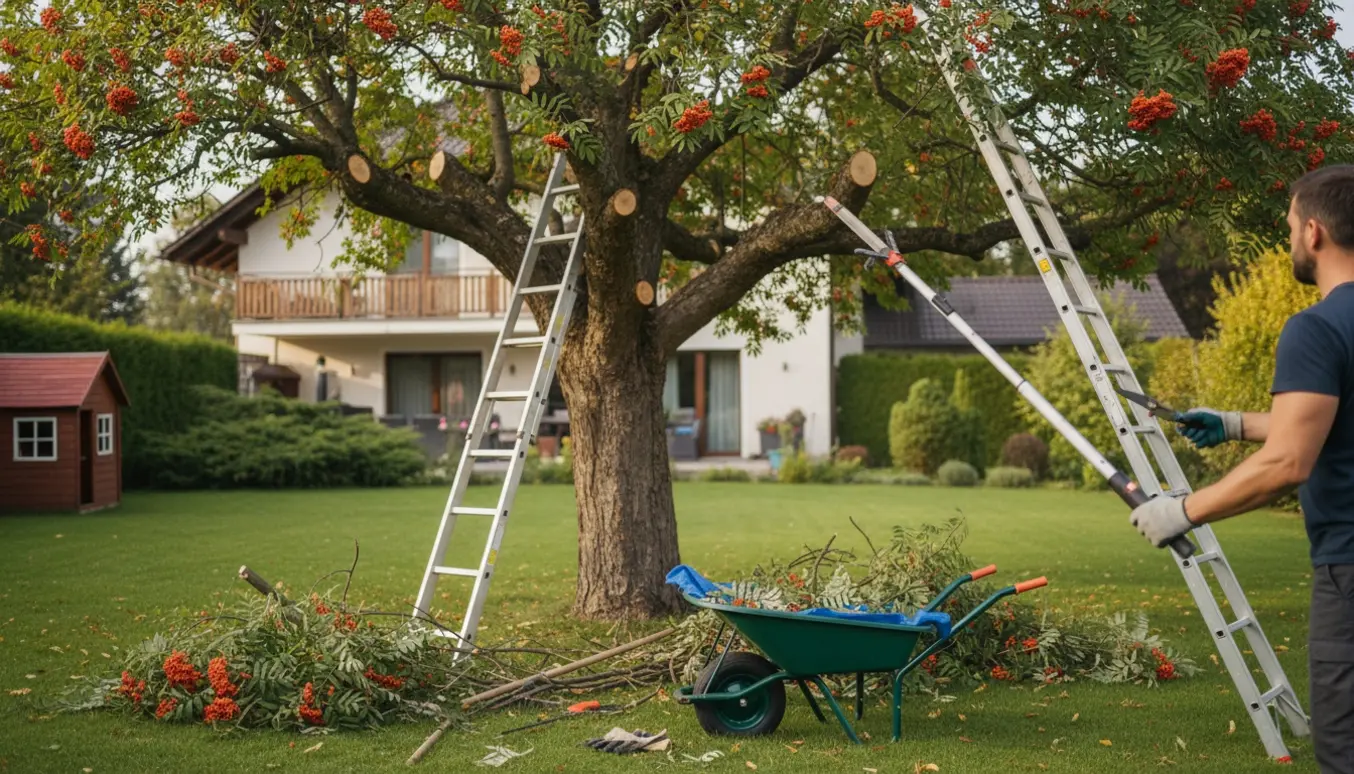 Beskæring af et rønnebærtræ i en stor have med afklippede grene samlet i en trillebør.