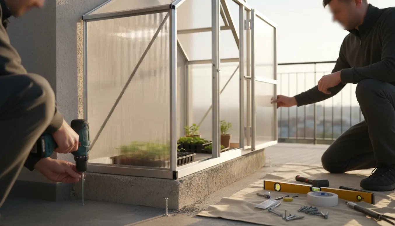 Nærbillede af færdigmontering af et lille vægdrivhus på en betonaltan med værktøj og polycarbonatplader.