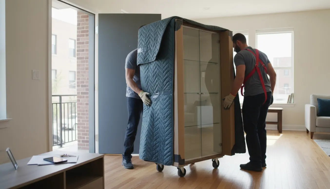 To personer flytter et tungt vitrineskab ind gennem lejlighedsdøren på en solrig dag.