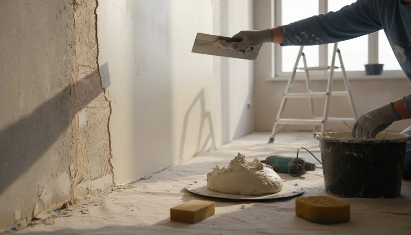 En handske-beklædt hånd glatter frisk puds på en væg efter fjernelse af savsmuldstapet i et lyst rum.