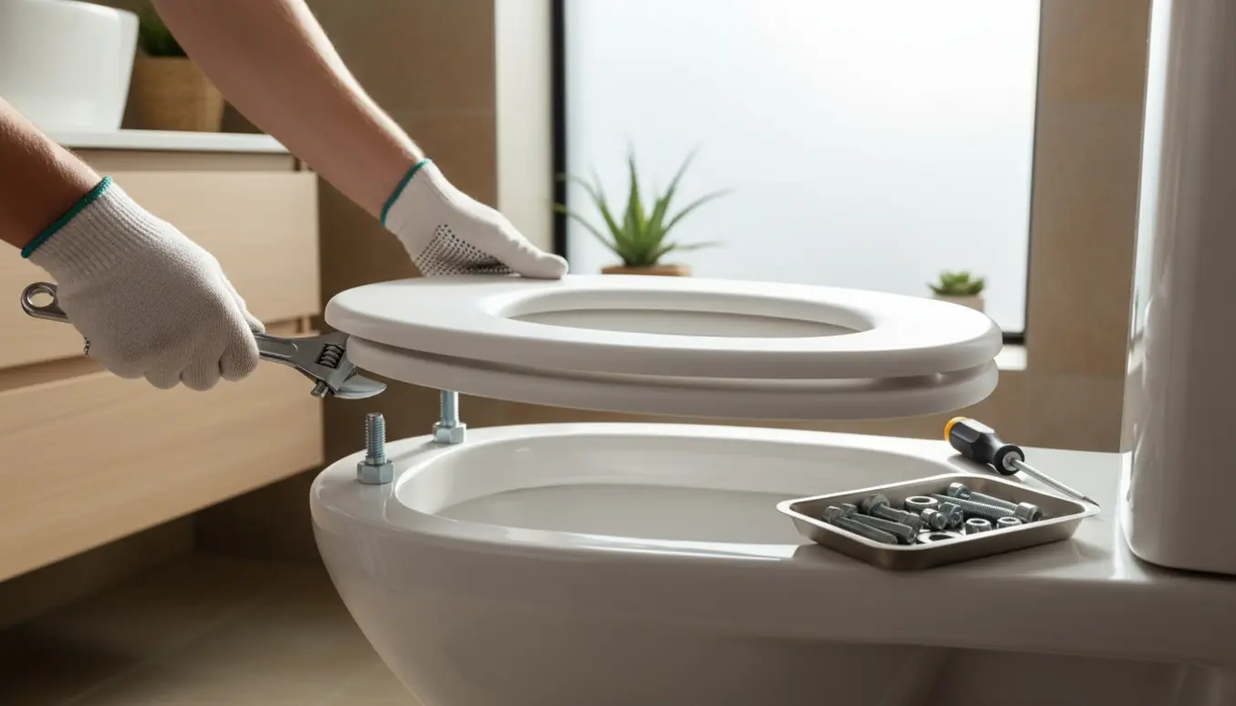 Nye toiletbræt monteres på et hvidt toilet i et lyst, moderne badeværelse.