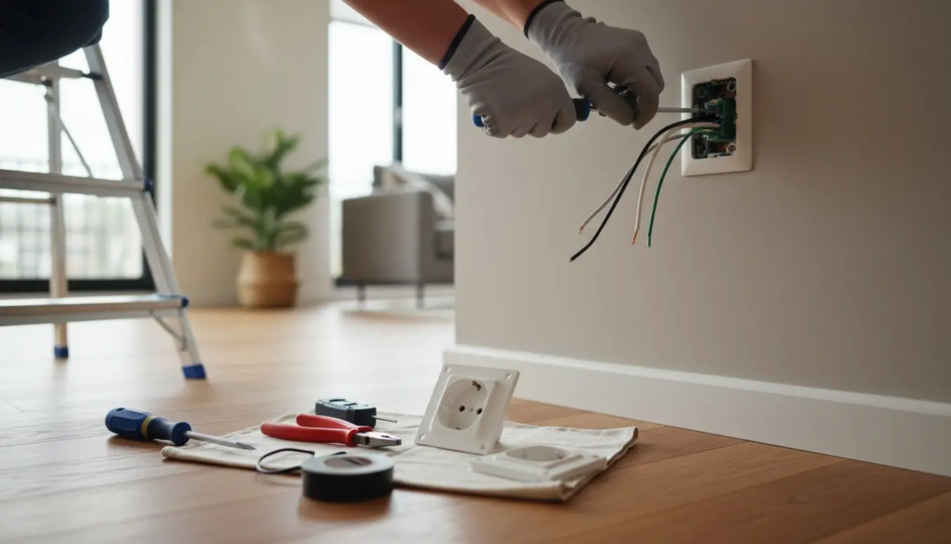 Hånd i arbejdshandske skruer en ny stikkontakt i en lys stue med værktøj på gulvet.