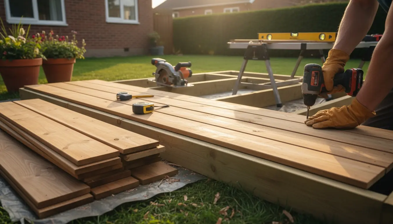 Halvfærdig træterrasse i en lille have med terrassebrædder, værktøj og handsker klar til montering.