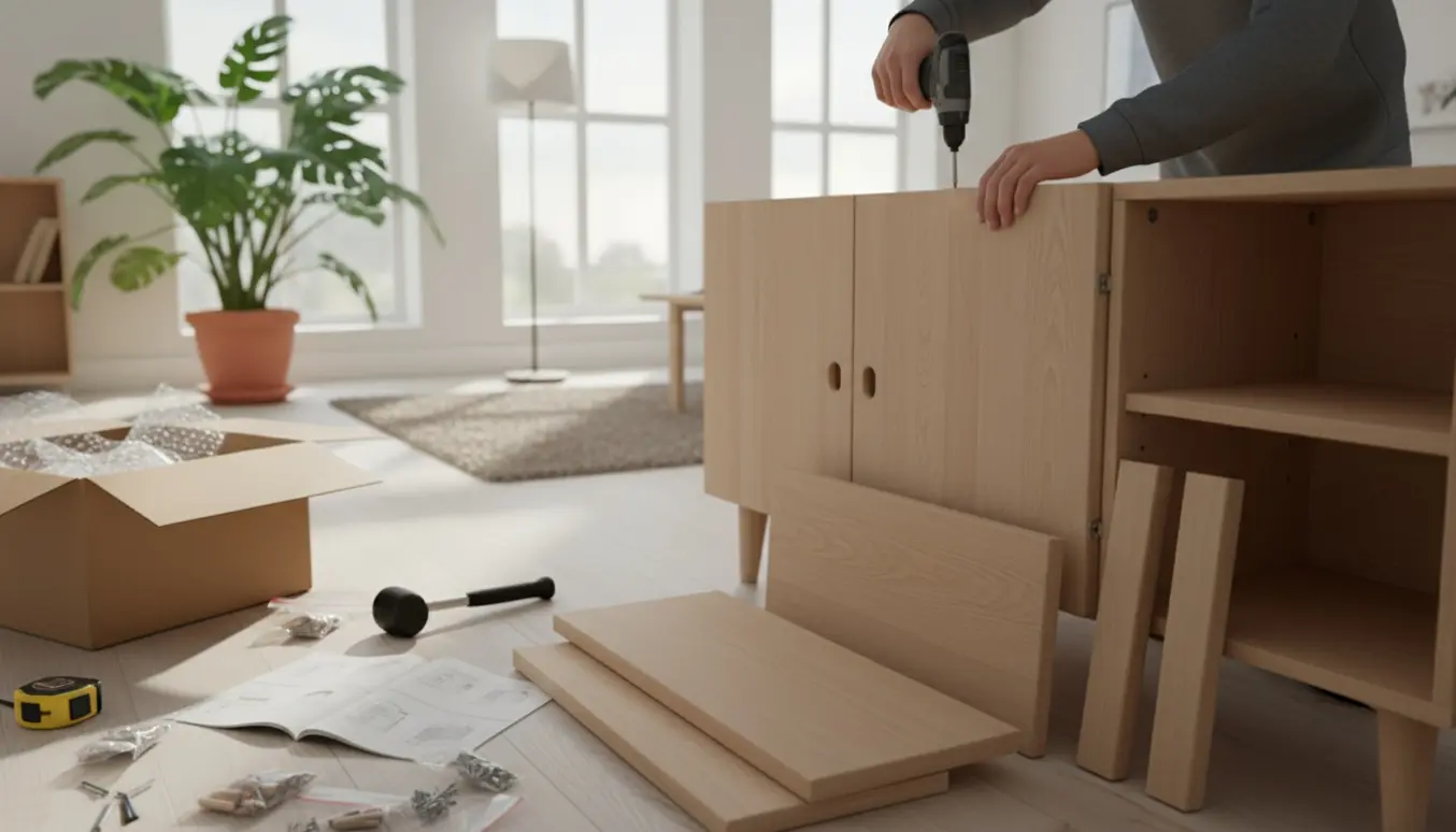 Delvist samlet skænk i lyst egetræsfinish på stuegulvet med værktøj og hænder i arbejde.