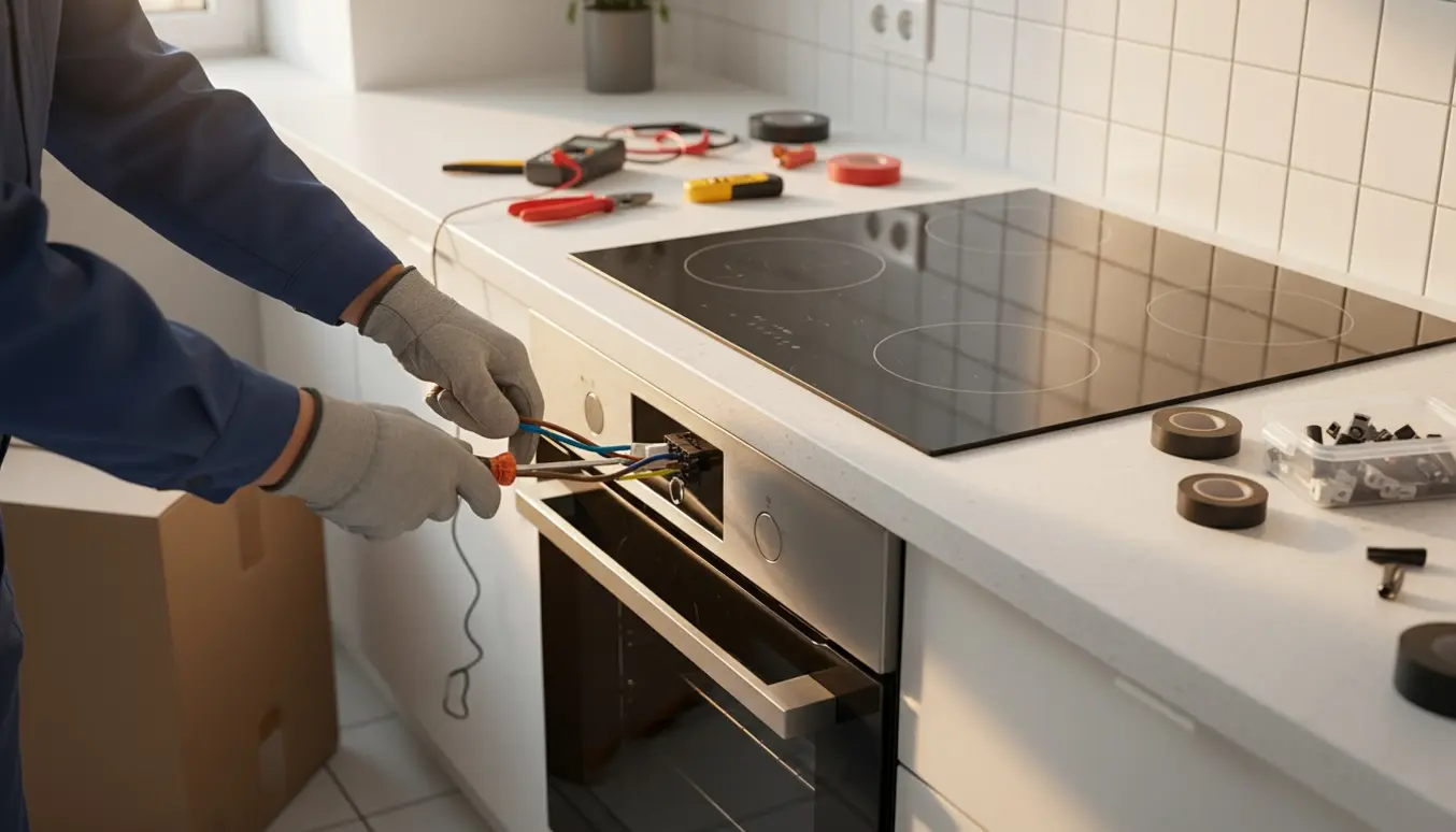 Hænder tilslutter et nyt glaskeramisk komfur i et lyst køkken, ingen ansigter synlige.