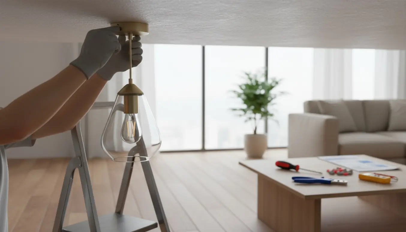 Hænger en lampe op fra en stige i et lyst, minimalistisk rum med værktøj i fokus.