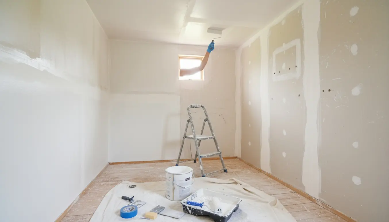 Halvvejs malet kolonihavehytte med rullende maler, afdækning, malerbøtte og spartlede mærker på gipsvæggen.