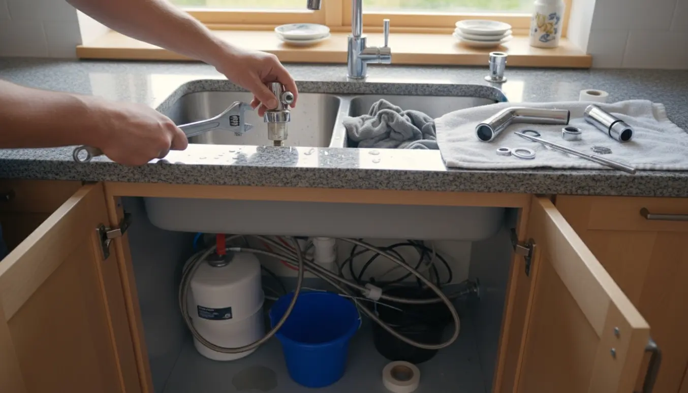 Hænder afmonterer en instant-varmtvandshane under en åben køkkenvask, mens en ny vandhane ligger klar på bordet.