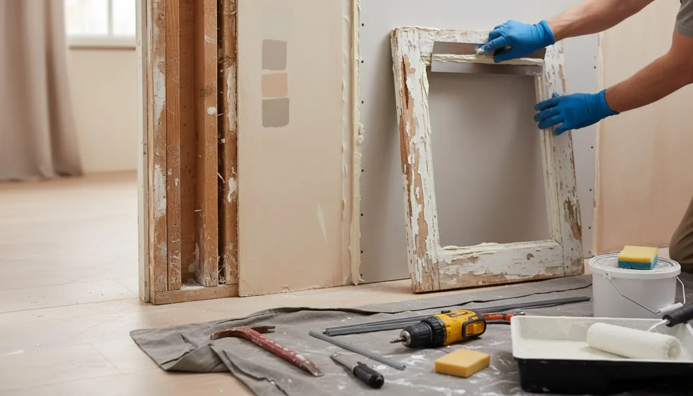 Nærbillede af en døråbning under renovering med fjernet karm, opsat gipsplade, spartelmasse og malerudstyr klar.